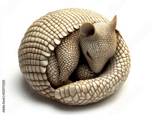 Artistic sculpture of a tiny armadillo curled up indoor gallery setting creative display close-up view photo