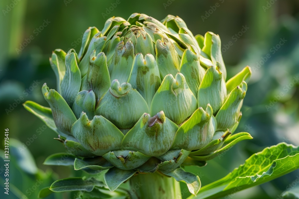 Close up of a green artichoke growing on a plant in a vegetable garden, showcasing its unique texture and vibrant color Close up of a green artichoke growing on a plant in a vegetable garden, showcasing its unique texture and vibrant color