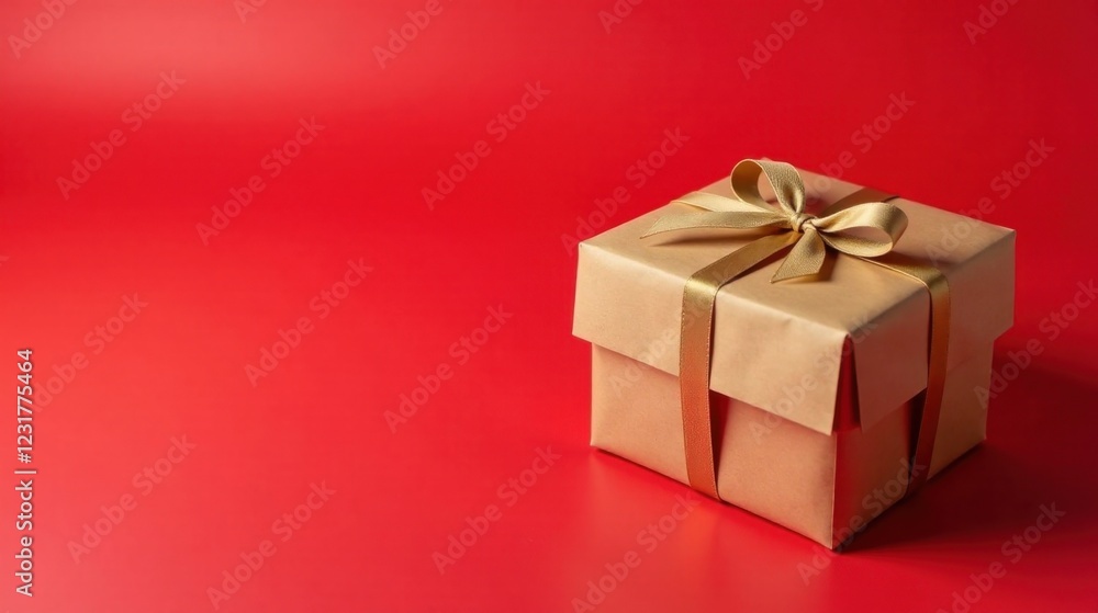 Obraz premium A single elegantly wrapped gift box with a golden ribbon bow sits on a vibrant red background, ready for a special occasion.