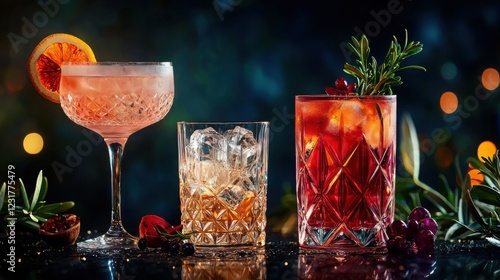 Three different cocktails on a table with an elegant cocktail mixology banner in a luxurious setting