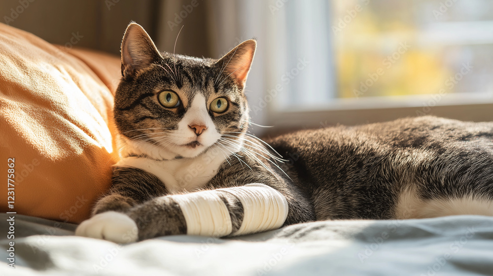 Domestic cat with bandaged leg resting on cozy bed in sunlight. Perfect for pet recovery and veterinary care themes. Domestic cat with bandaged leg resting on cozy bed in sunlight. Perfect for pet recovery and veterinary care themes.