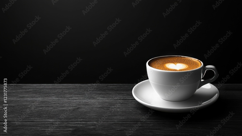 Cup of coffee on wooden table with minimalist black and white coffee banner in background Cup of coffee on wooden table with minimalist black and white coffee banner in background