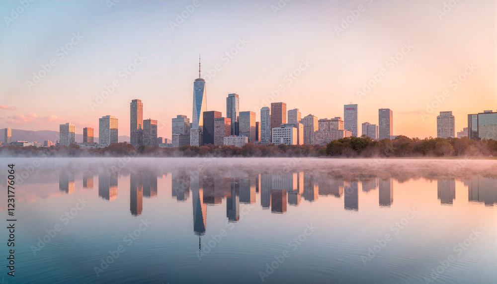 Obraz premium Urban skyline reflecting in misty lake at dawn, serene tranquility