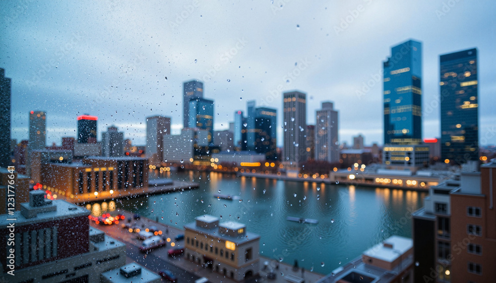 Obraz premium Rain drops on window overlooking cityscape, urban tranquility
