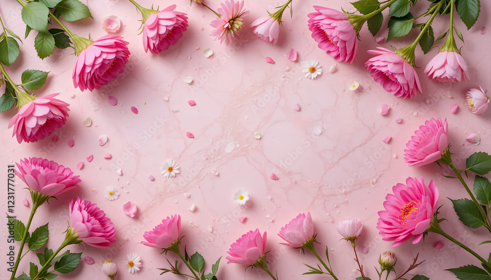 Pink Flower Backdrop with Green Leaves and Marble Background Pink Flower Backdrop with Green Leaves and Marble Background