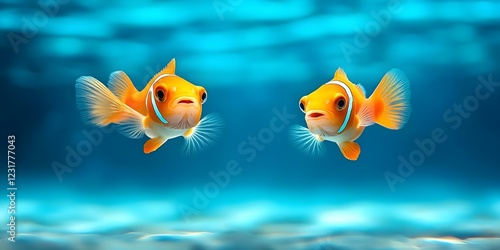 Two orange clownfish swimming in a blue underwater environment. Concept Clownfish Behavior, Underwater Photography, Marine Ecosystems, Colorful Sea Life, Aquatic Habitat Conservation photo