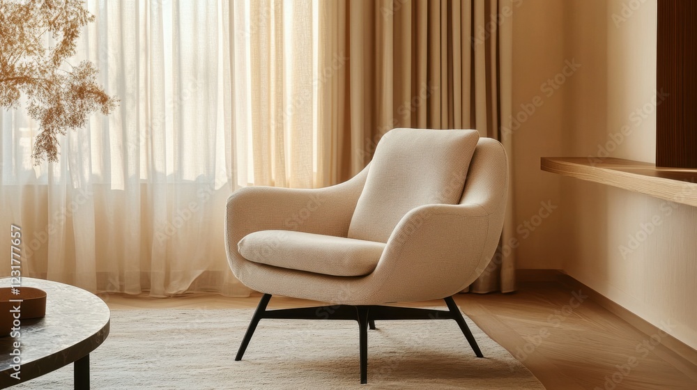 A modern and comfortable armchair in a light beige color against a bright window with a blurred Paris view
