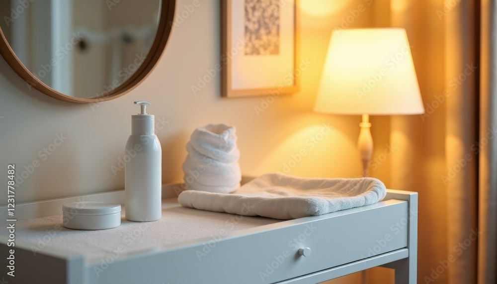 Luxurious Bathroom Vanity with White Towels Soap Dispenser and Cream Jar Luxurious Bathroom Vanity with White Towels Soap Dispenser and Cream Jar