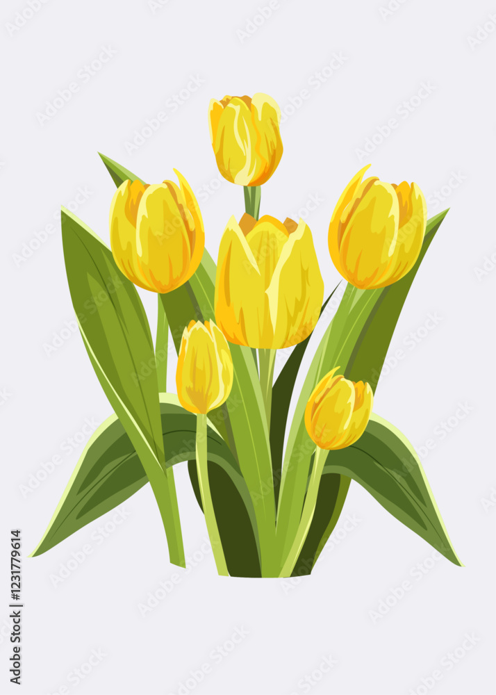 Bouquet of yellow tulips with leaves isolated. Vector illustration. Spring and natural design. Ideal for print, postcard, social media, promotion. Bouquet of yellow tulips with leaves isolated. Vector illustration. Spring and natural design. Ideal for print, postcard, social media, promotion.