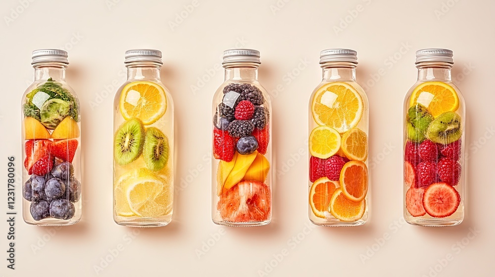 A set of detox drinks in glass bottles, each infused with different fresh fruit combinations. A set of detox drinks in glass bottles, each infused with different fresh fruit combinations.