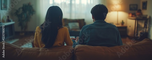 Family problem concept, Close-up hands of Asian wife sitting on sofa and husband sitting back to back in the living room at home have problems in a relationship and have an photo