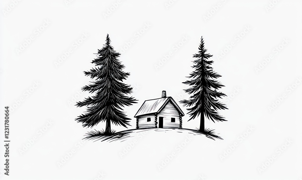 A Cabin Nestled Between Two Tall Evergreen Trees A Cabin Nestled Between Two Tall Evergreen Trees