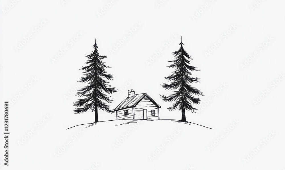 Fototapeta premium A Cabin Nestled Between Two Tall Pine Trees