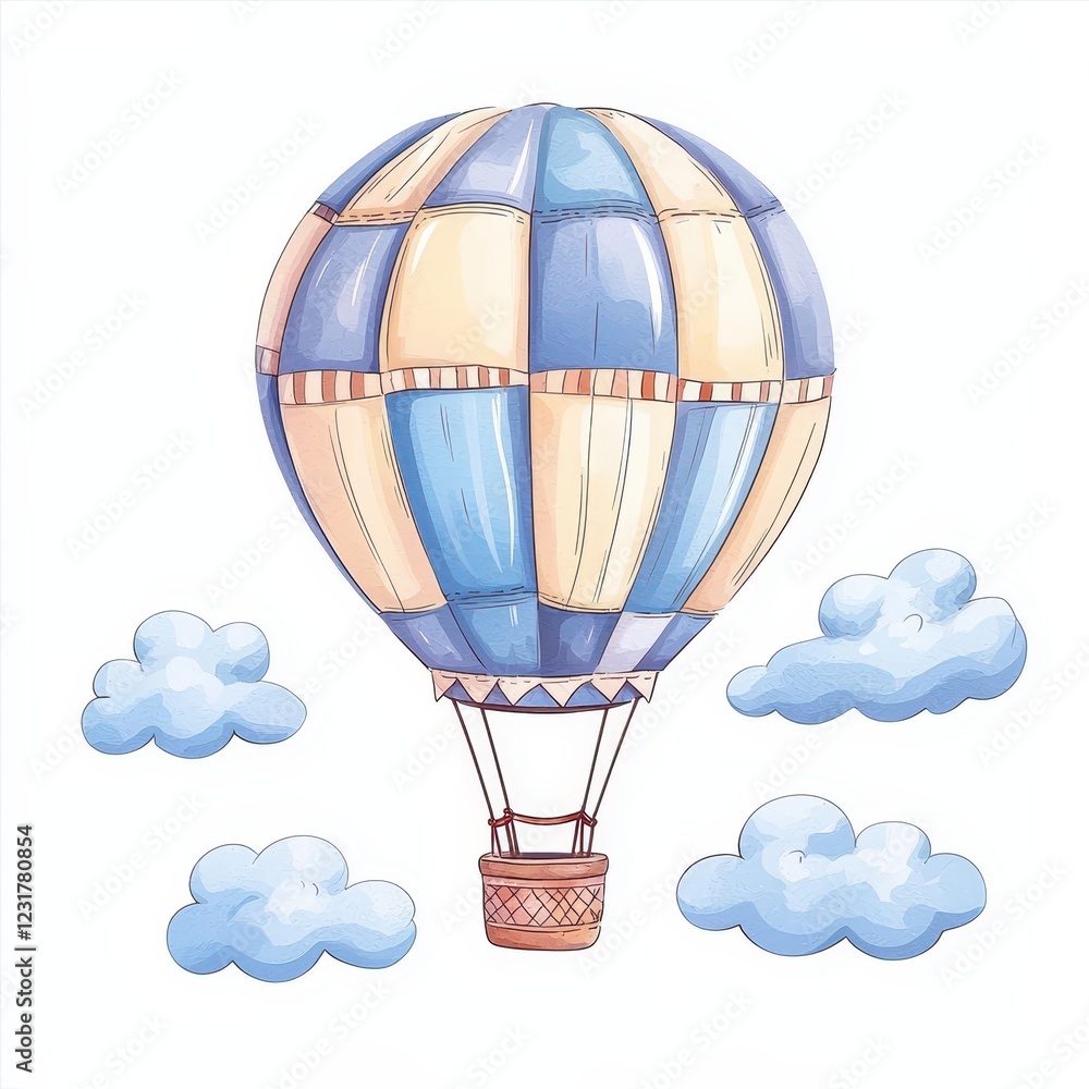 Fototapeta premium Soaring adventure hot air balloon experience in the sky over soft clouds illustrative art whimsical style