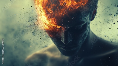Surreal portrait of a man with fire and ashes coming out of his head, symbolizing stress, anger, and mental health issues