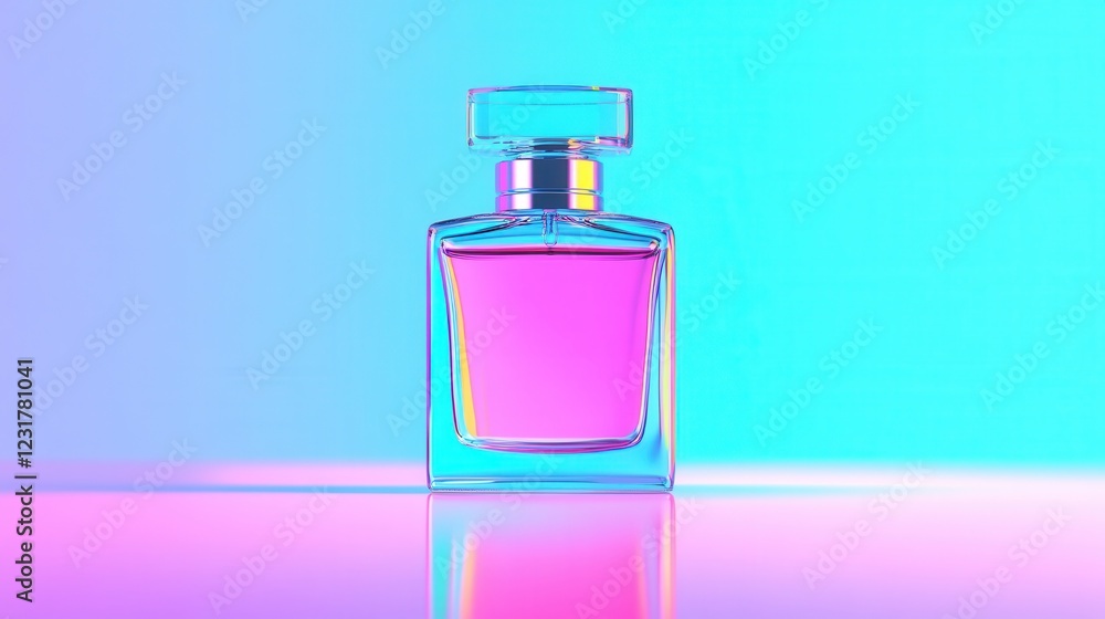 Perfume bottle on vibrant neon gradient background Perfume bottle on vibrant neon gradient background