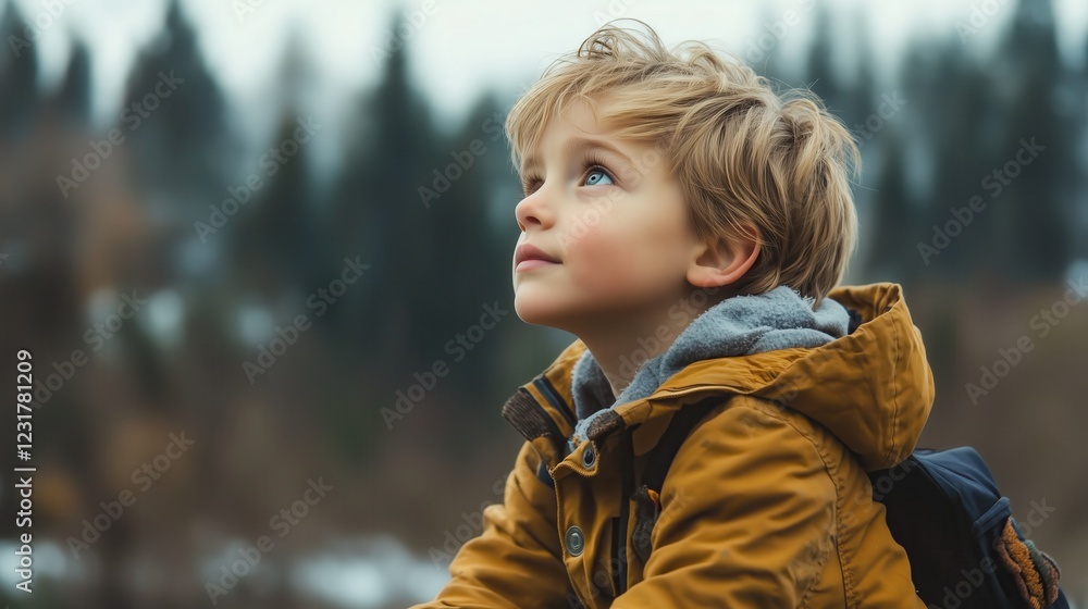 Young boy with backpack gazing upward in a natural setting, expressing curiosity and wonder Young boy with backpack gazing upward in a natural setting, expressing curiosity and wonder