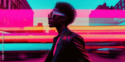 Futuristic African American Woman in Black Leather Jacket and Neon Sunglasses Walking Through Vibrant Cyberpunk Cityscape