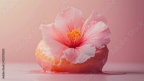 Delicious, dripping glazed donut with soft pink flower on it, on a soft pink background. Copy space, background, wallpaper delicious food concept.