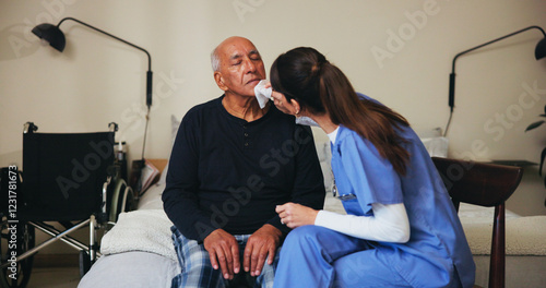 Cuadro en lienzo Cleaning, healthcare or hygiene with nurse and patient in assisted living for medical help