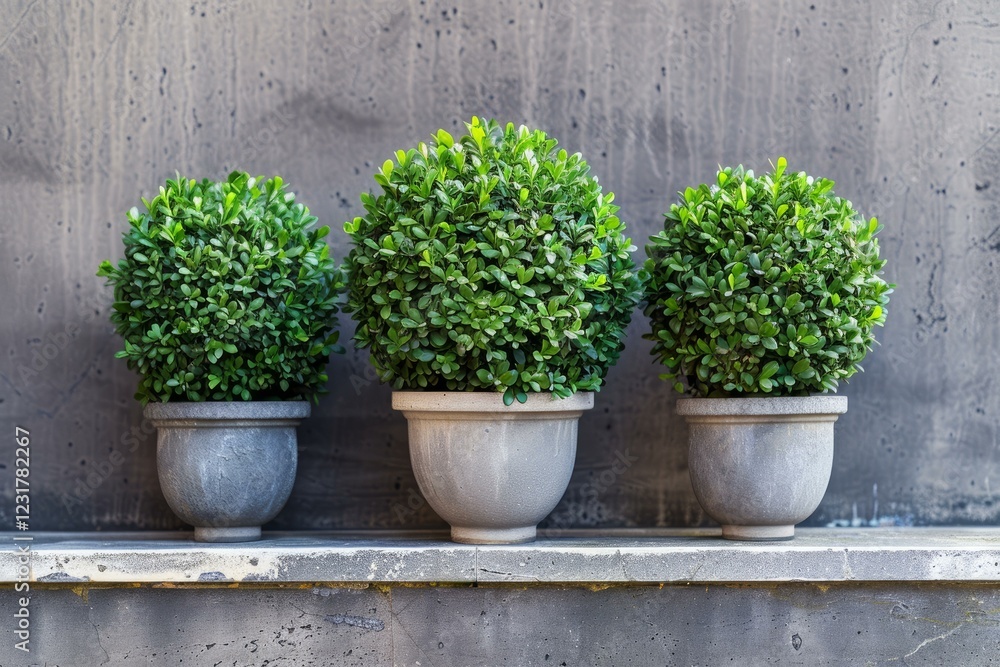 Round boxwood shrubs growing in concrete pots on a concrete shelf against a concrete wall create a modern and minimalist garden design Round boxwood shrubs growing in concrete pots on a concrete shelf against a concrete wall create a modern and minimalist garden design