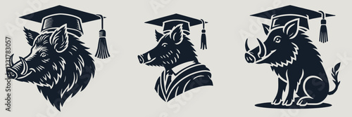 Three stylized animal heads wearing graduation caps, showcasing a boar, a wolf, and a pig, symbolizing education and achievement.