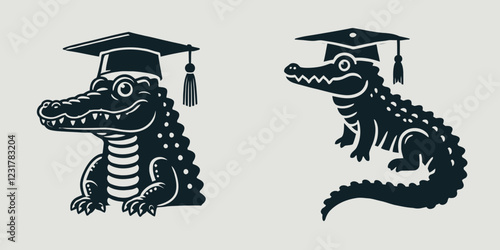 Two playful cartoon alligators wearing graduation caps, one sitting upright and the other in a more relaxed pose, highlighting a fun educational theme.