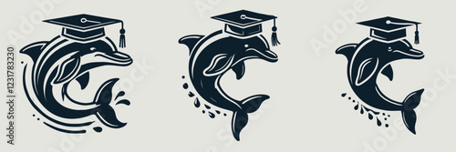 Three playful dolphins wearing graduation caps, symbolizing education and achievement, create a whimsical and joyful atmosphere.