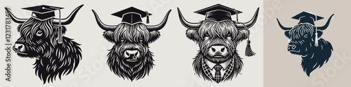 A collection of illustrated highland cattle wearing graduation caps, showcasing a playful academic theme.