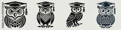 Four stylized owl illustrations wearing graduation caps, symbolizing education, wisdom, and achievement. photo