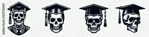 Four skull illustrations wearing graduation caps, symbolizing education, achievement, and the inevitability of mortality.