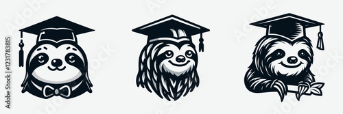 Three cartoon sloths wearing graduation caps, showcasing different styles, symbolize education and achievement in a fun and playful manner.
