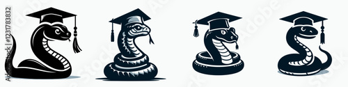 Four stylized snake illustrations with graduation caps, representing education and achievement in a playful, creative manner.