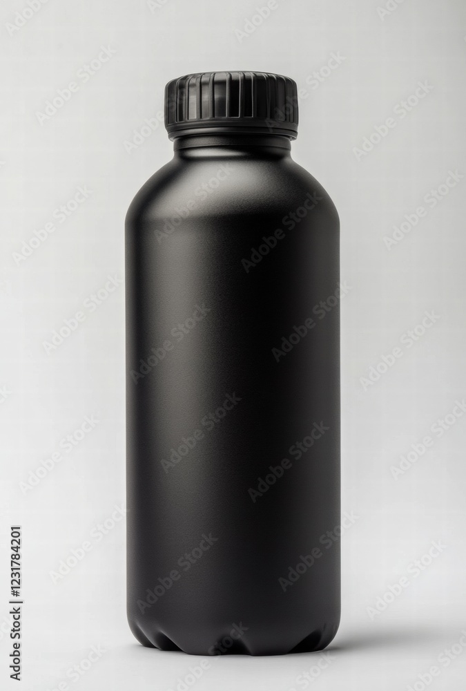 A black water bottle with a silver cap A black water bottle with a silver cap