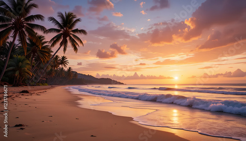 Spectacular Beach Sunset Painting with Palm Trees and Calming Waves in the Foreground.