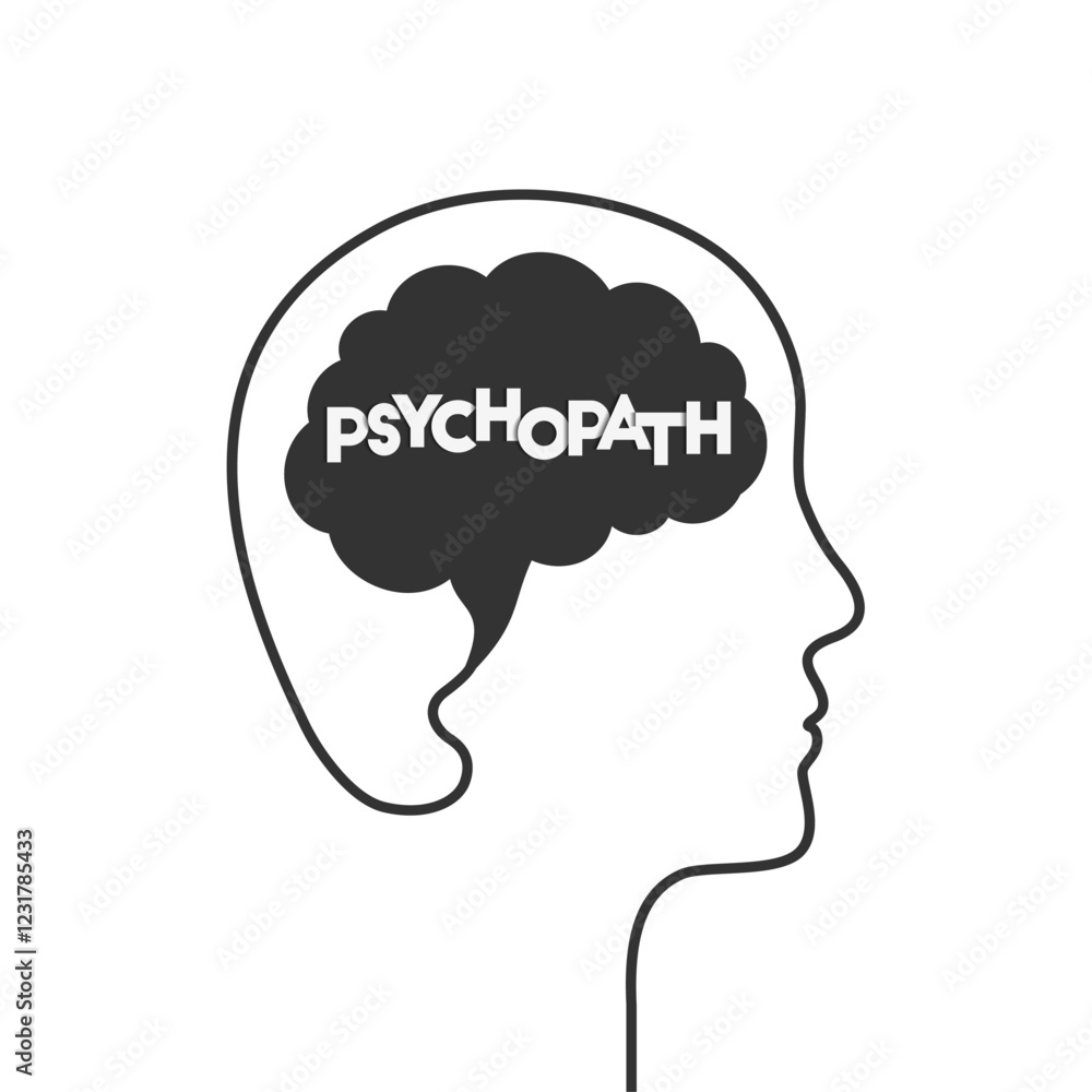 Psychopath and psychopathic personality concept with brain and head silhouette. Psychopathy as mental condition and dark state of mind shaping the face of a person. Psychopath and psychopathic personality concept with brain and head silhouette. Psychopathy as mental condition and dark state of mind shaping the face of a person.