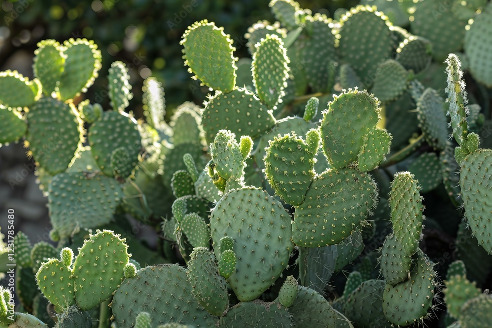 Close up of a bunny ear cactus basking in the sunlight, showcasing its vibrant green pads and delicate spines Close up of a bunny ear cactus basking in the sunlight, showcasing its vibrant green pads and delicate spines