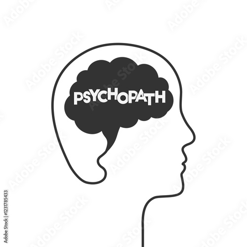 Psychopath and psychopathic personality concept with brain and head silhouette. Psychopathy as mental condition and dark state of mind shaping the face of a person.