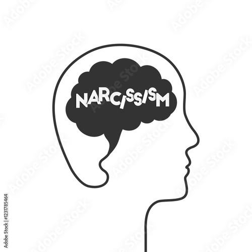 Narcissism and narcissistic personality disorder concept with brain and head silhouette. Mental condition and dark state of mind of a narcissist shaping the face and entire self of the person.