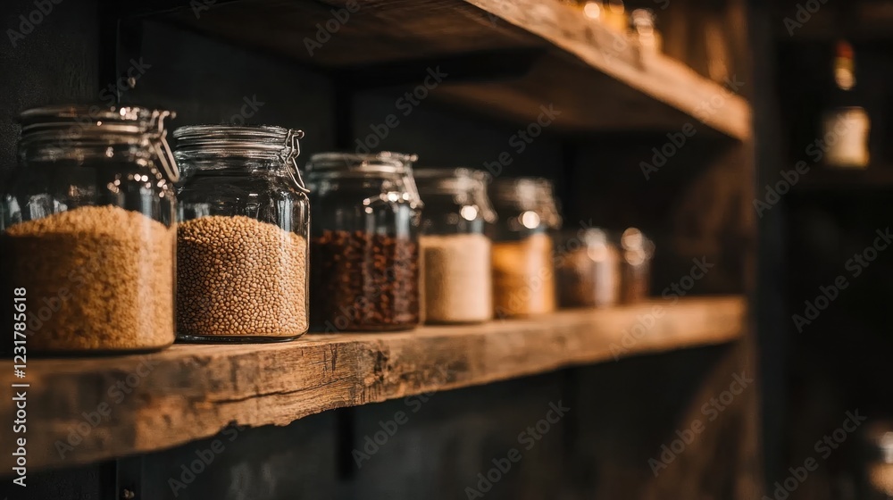 Jars of spices on rustic wooden shelves