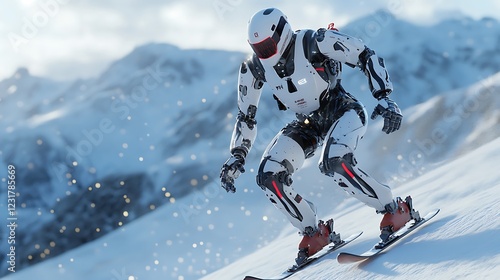 A futuristic robot skiing down a snowy slope in a high-tech winter suit.