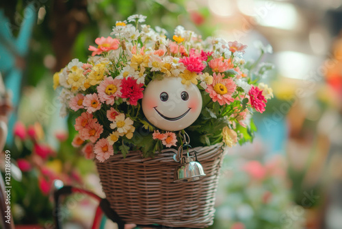 A tricycle with a tiny bell ringing, carrying a basket of smiling flowers