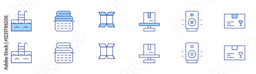 Hotel Management icon set in two styles, Duotone and Thin Line style. Editable stroke. cardboard box flattened, haul away furniture service, loud music, gated pool, clean clothes load
