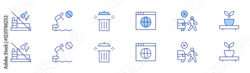 Hotel Management icon set in two styles, Duotone and Thin Line style. Editable stroke. clean up your trash, shelf, throwing items in pool, jumping, online portal, loitering in parking lot