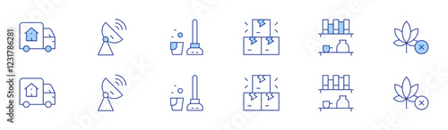 Hotel Management icon set in two styles, Duotone and Thin Line style. Editable stroke. cleaning kitchen floor, cardboard box broken down, shelf, haul away furniture service