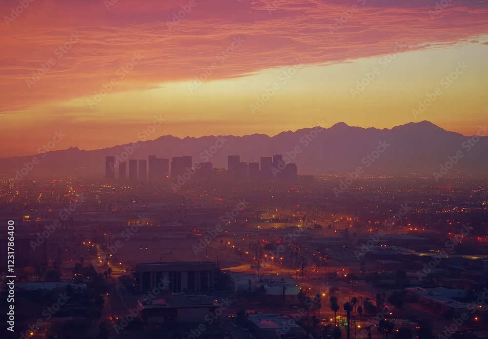 Obraz premium A city skyline at sunset with a mountain range in the background