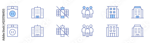 Hotel Management icon set in two styles, Duotone and Thin Line style. Editable stroke. guests, clean dryer lint out each load, apt home, office, TV satelite dish outside