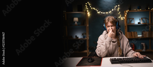 esport woman gamer using headset and play game at home. female gaming player smelling something stinky and disgusting live streaming online game look camera . Banner