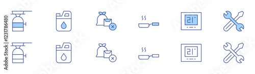 Hotel Management icon set in two styles, Duotone and Thin Line style. Editable stroke. littering, pan, propane tank, bottle of cooking oil tightly and throw out in garbage