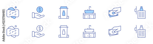 Hotel Management icon set in two styles, Duotone and Thin Line style. Editable stroke. kitchen sink, soft sponge, fine, dispose of cooking oil
